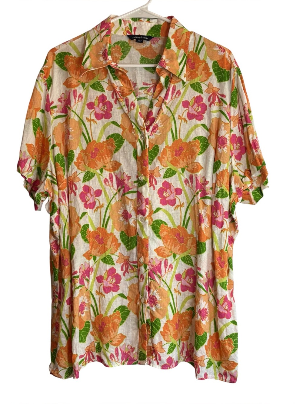 Lands' End 24W 100% Linen Short Sleeve 
Floral Shirt Orange Pink